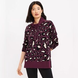 Lou & Grey Leopard Print Mock Neck Long Drawstring Sweater Plum Maroon Leopard